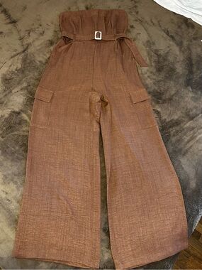 Arden B Brown Strapless Wide-Leg Jumpsuit with Belt